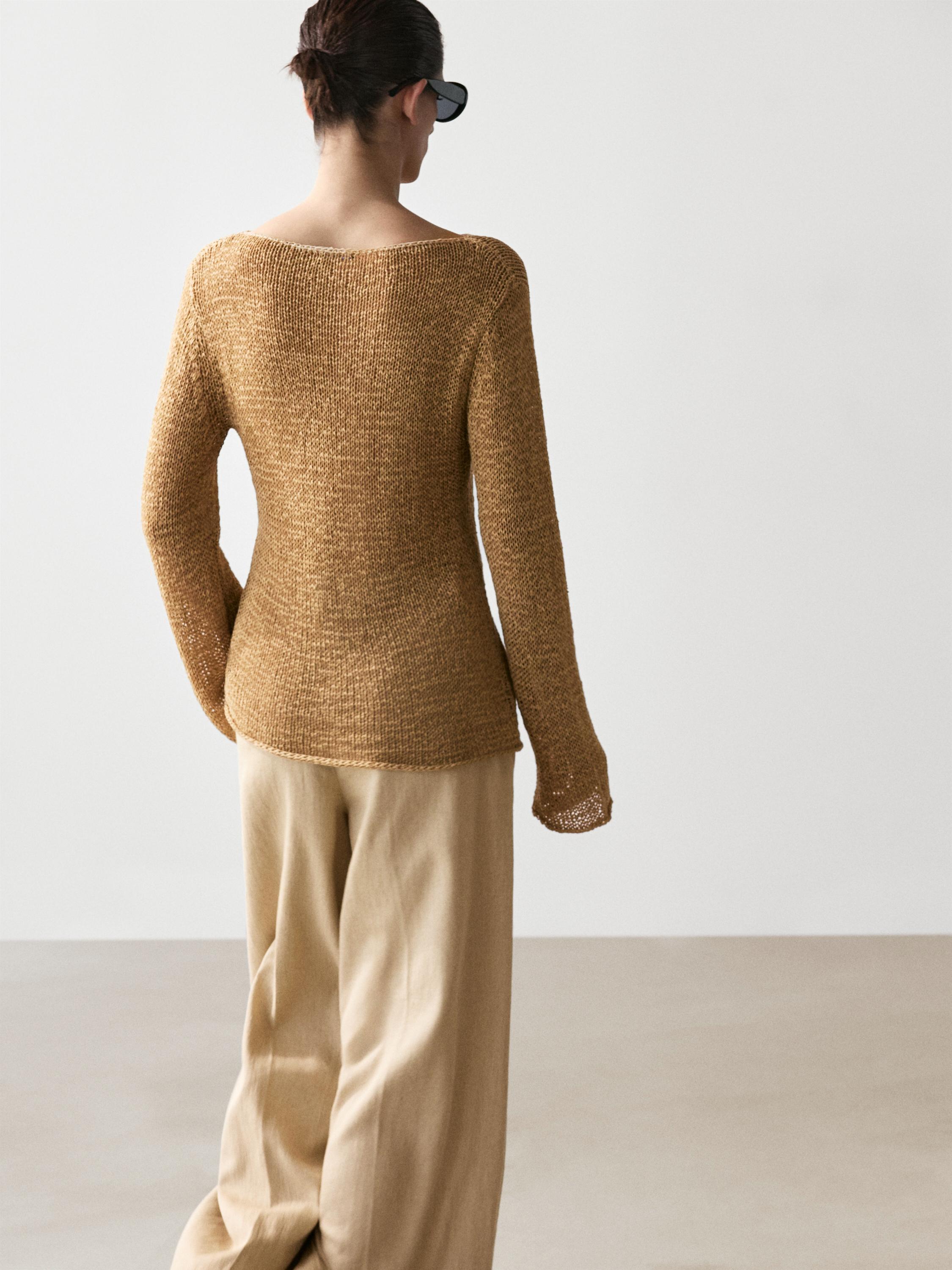 Cotton blend knit boat neck sweater